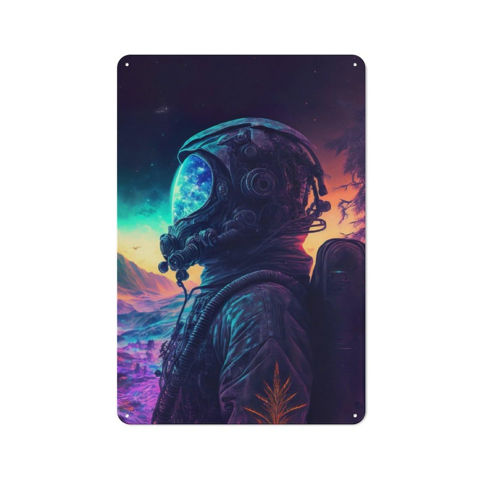 Junmoney Neon Landscape Astronaut Vintage Metal Wall Sign 30X20cm For Studio Or Craft Room, For Vintage Wall Decor Fans, For Metal Sign Collectors