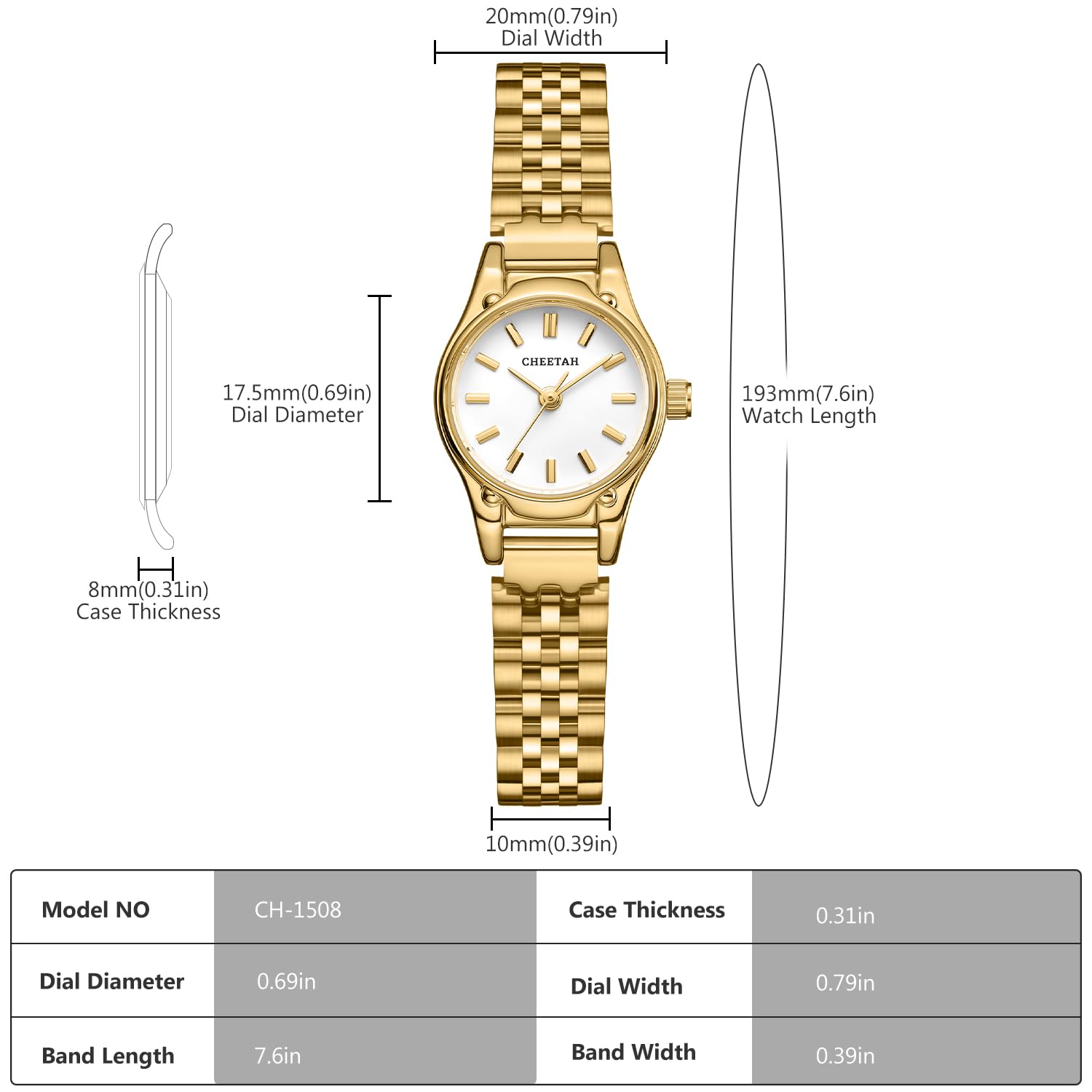 CHEETAH Goldene Uhren für Damen, zierliches kleines rundes Zifferblatt, mit Edelstahl-Armband, wasserdicht