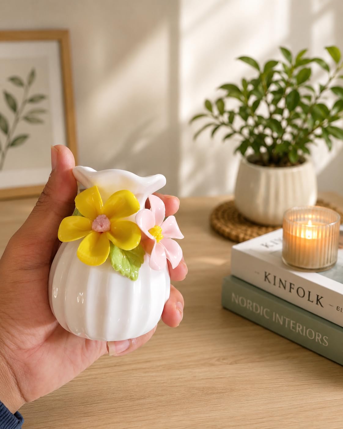 Ceramic Flower Vase, White, Handmade Sculpted Flowers, 3.5cm Diameter, 6.8cm Width, 8.8cm Height, Decorative Home Accent-image-13