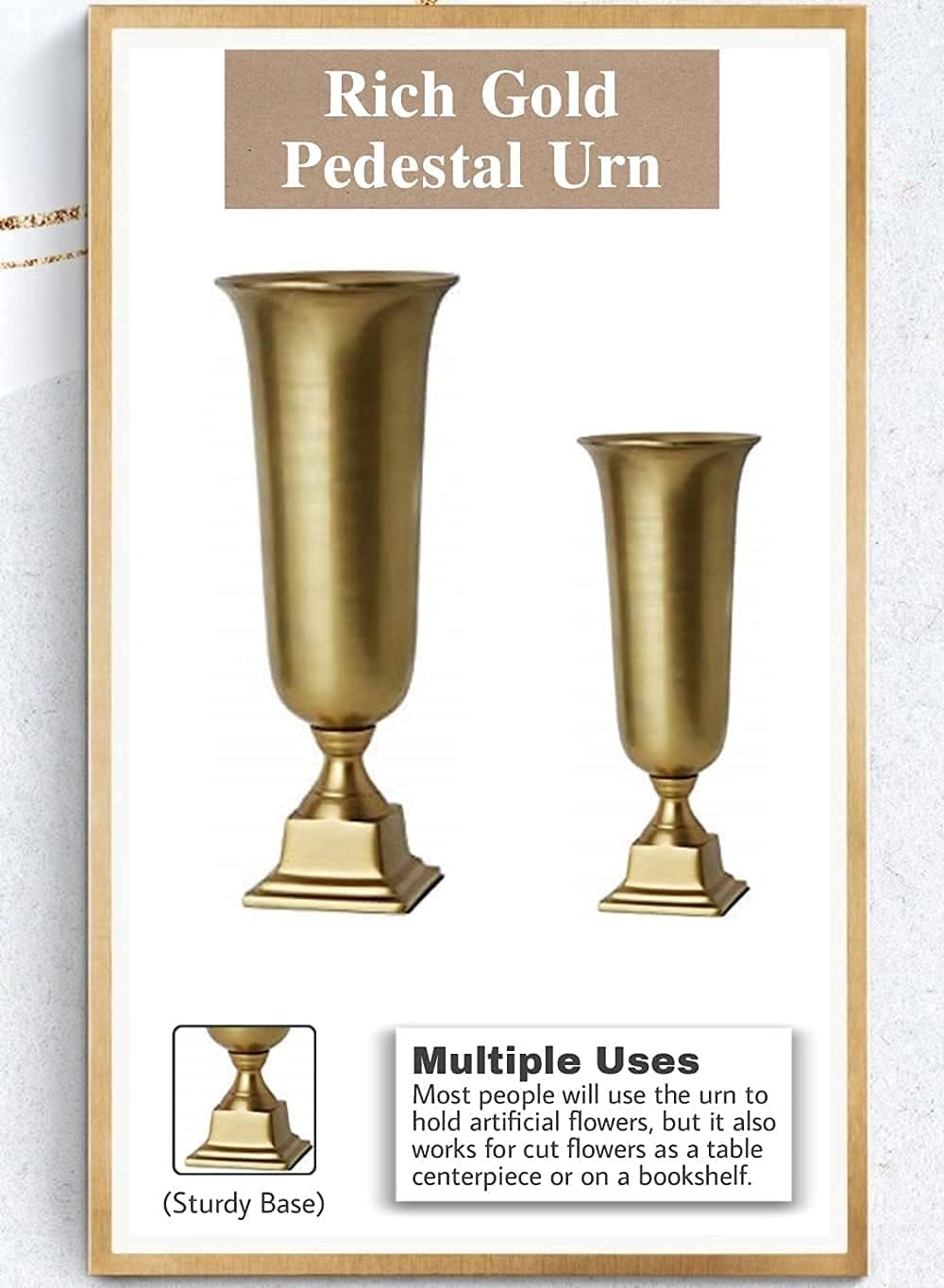 Serene Spaces Living Small Rich Gold Pedestal Urn - Stylish Tapered Urn Vase Works Perfectly as Floral Centerpieces, Ideal for Home Decor, Weddings, Parties, Events, Measures 5" Diameter and 11" Tall