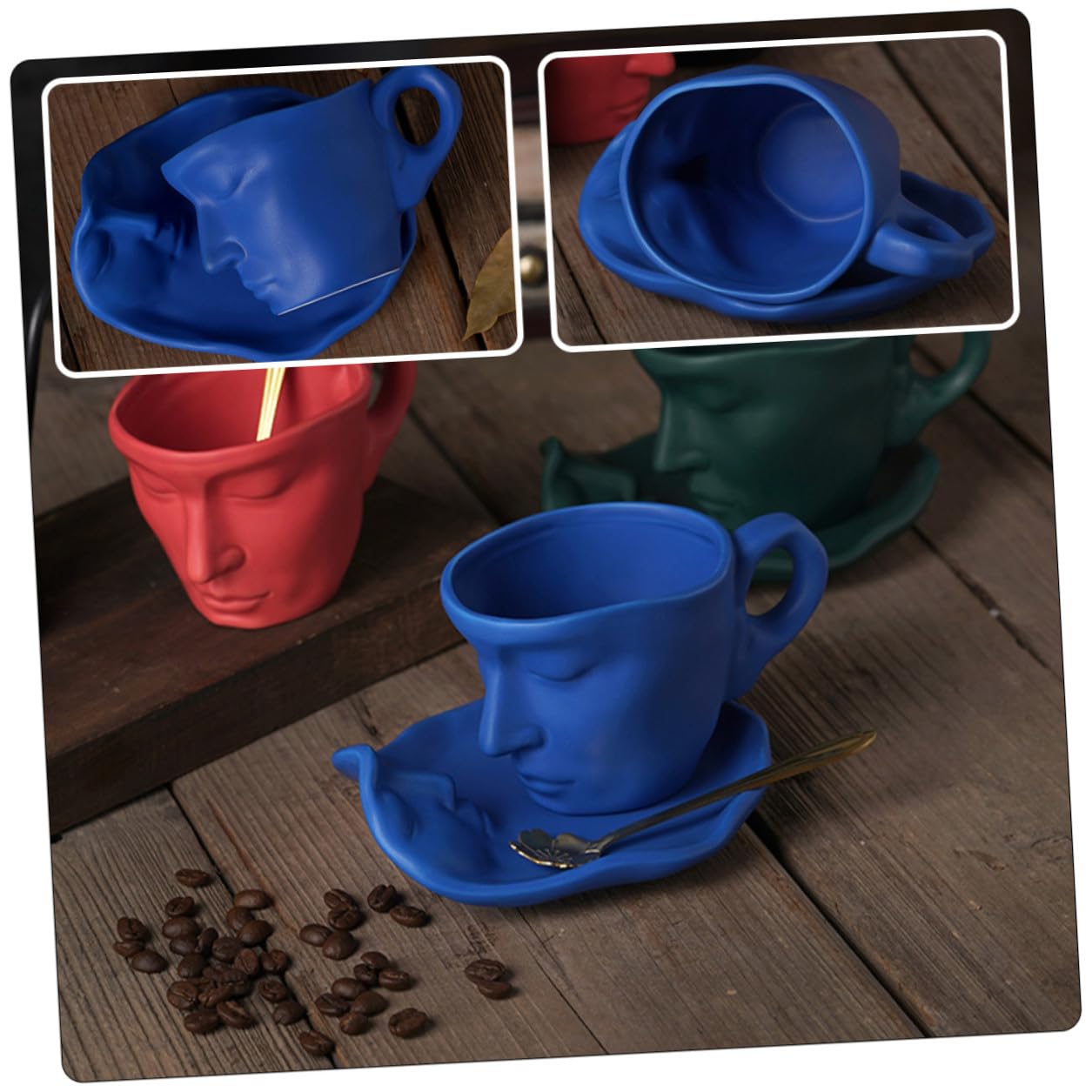SEWACC Tasse à Café en Céramique 260 Ml avec Soucoupe Design Abstrait Visage Artistique Finition Mate Bleu Pastel Ensemble 1 Pièce pour Café Thé Lait – Présent Anniversaire Couples