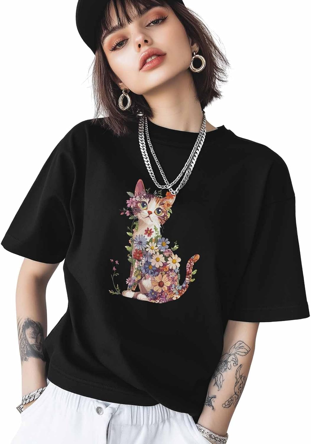 Graphic T Shirts for Women, Abstract Cat Wildflowers Cotton Tees Short Sleeve Crewneck Summer Gym Casual Tops - Image 4