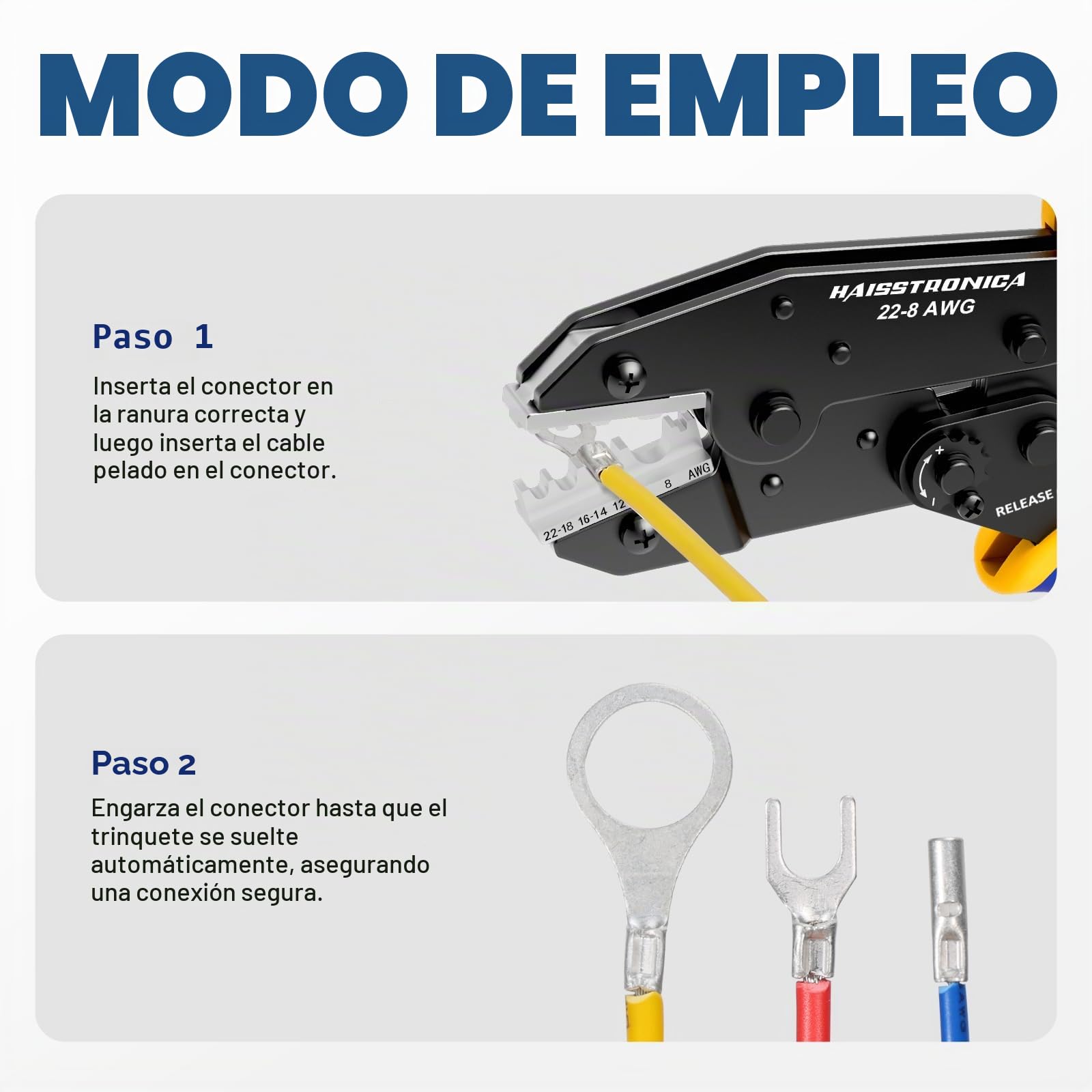 Haisstronica Crimpadora para Terminales No Aislados 0,5–10 mm² AWG22–8 Alicate de Carraca