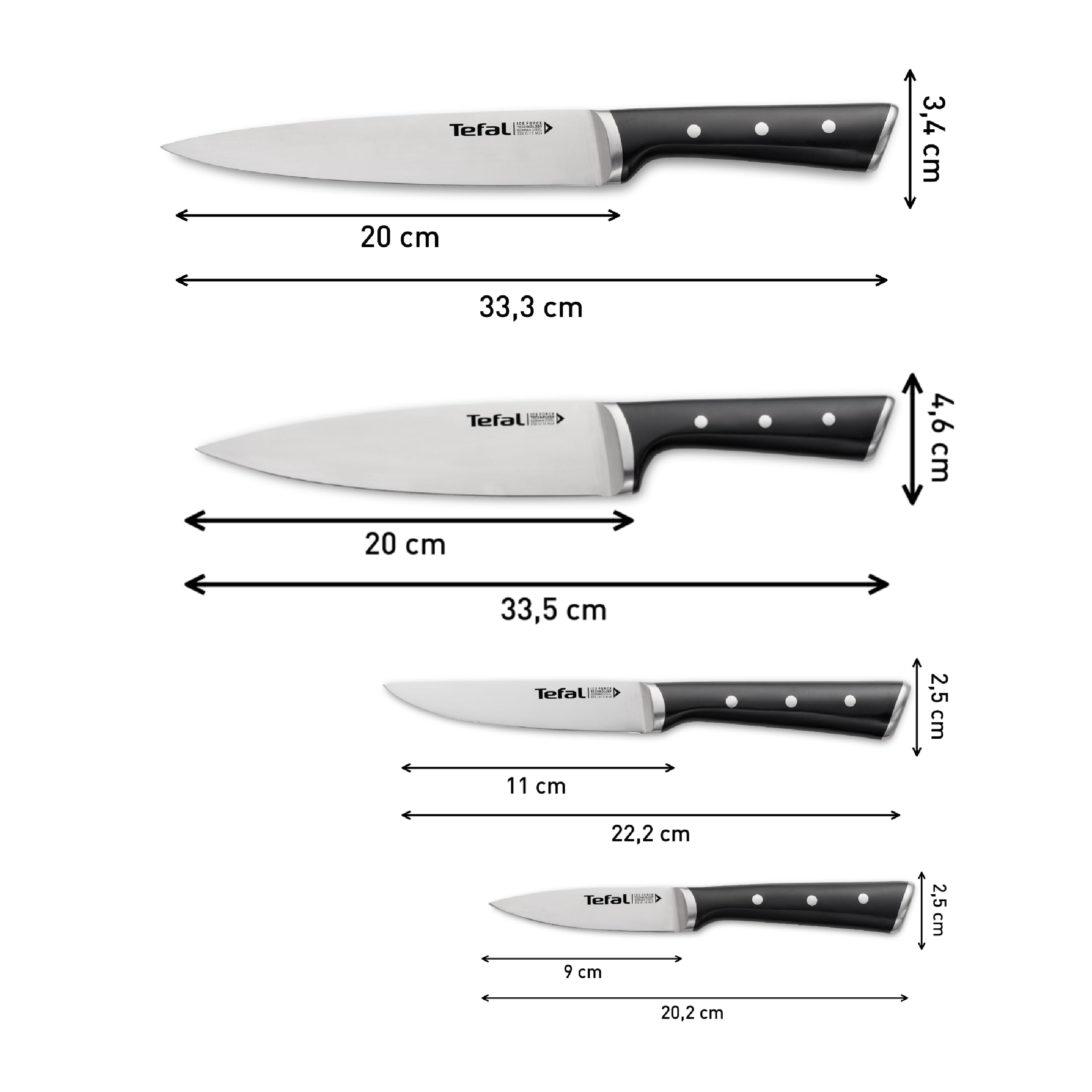 Tefal Ice Force - Set 4 coltelli da cucina, lame in acciaio inossidabile tedesco, K2324S74, garanzia 10 anni, taglio e tagliente ad alte prestazioni
