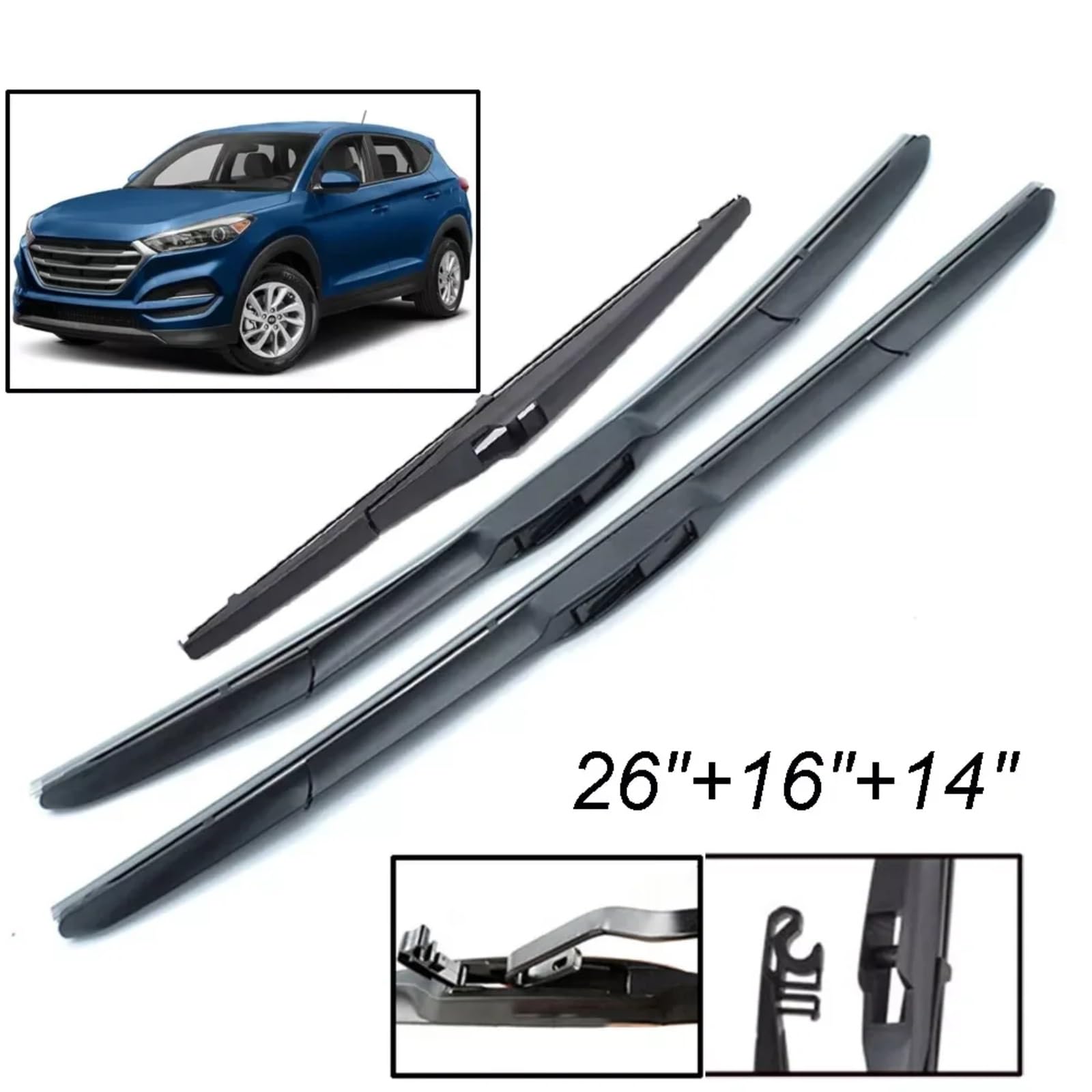 Kit Spazzole Tergicristallo Auto Per Hyundai Per Tucson TL 2016-2020 Tergicristallo veicoli | Set spazzole tergicristallo anteriori posteriori per parabrezza 3 pezzi 26"16"14"