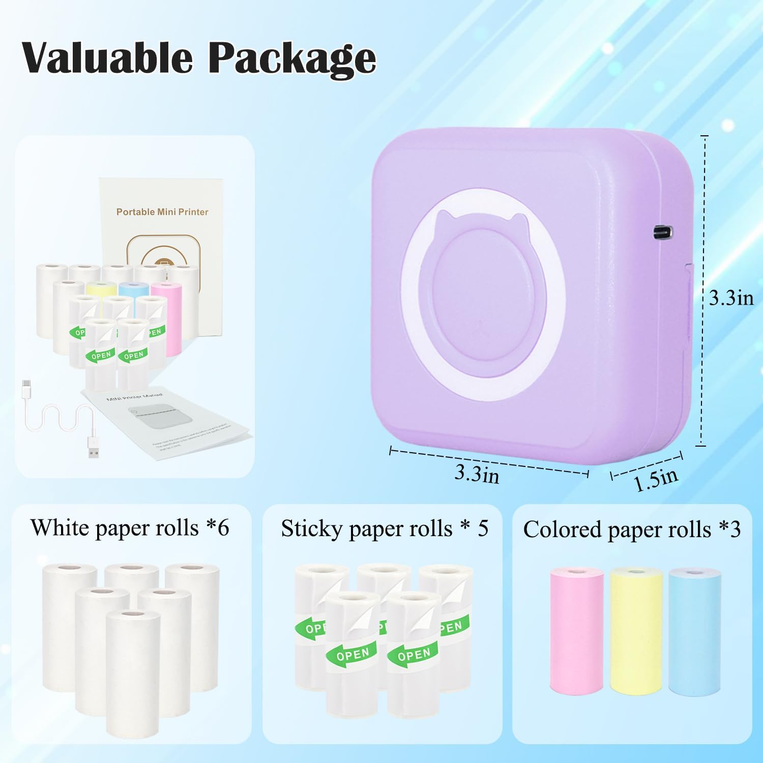 Mini Thermal Inkless Sticker Printer with 14 Rolls Paper, Compatible with iPhone/Android Phone/Tablet, Mini Pocket Printer for Photos/Stickers/Labels/Notes, Purple - Image 2