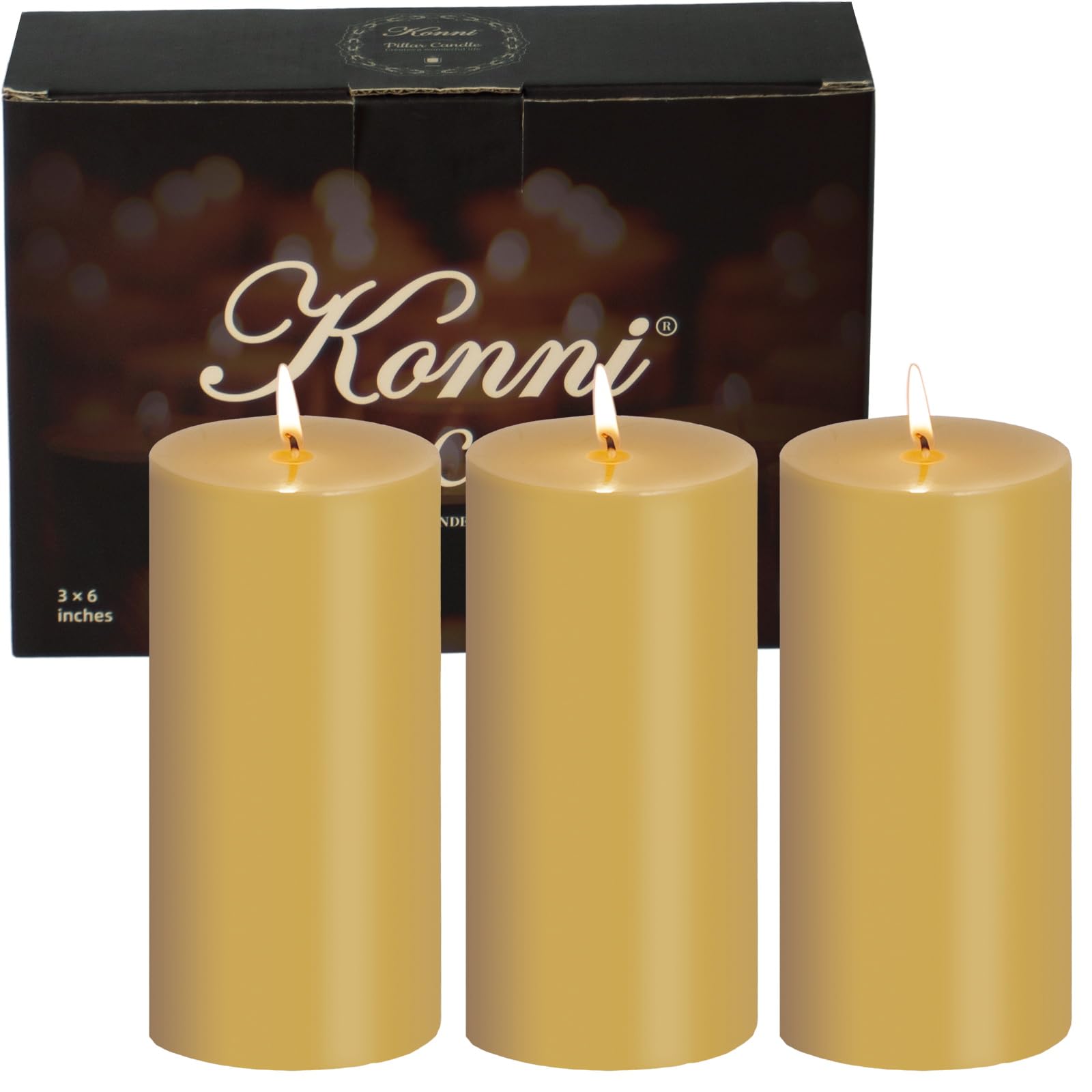 KONNI Juego de 3 velas de pilar amarillo mostaza, velas de pilar sin perfume de 3 x 6 pulgadas, velas de combustión de 56 horas de duración, sin humo y sin goteo para bodas, decoración del hogar,