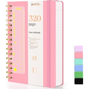 Smarpau A5 Spiral Notebook Lined Journal with 320 Pages 100gsm Paper Hardcover PVC Notepad Lined Journal for Women Men Work Office School Travel 14.5 x 21 cm Pink