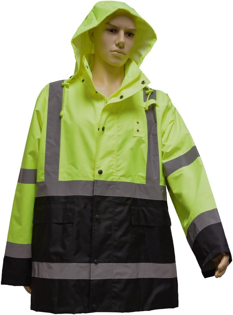 Petra Roc LBRJK-C3-6X Rain Parka Jacket ANSI-ISEA Class 3 Waterproof44; Two Tone Lime & Black with Detachable Hood Storm Flap44; Zipper & Snap Closure No Lining44; 6X