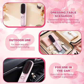 Glow Wave Heated Brush for Short Hair, Hot Comb Hair Straightener Brush, Portable Cordless Hair Straighteners with LED Temperature Display, 3 Heat Settings, for Travel and Everyday Use (Pink)