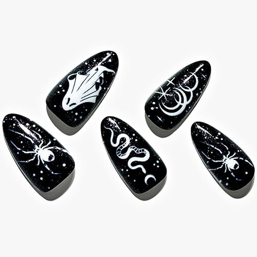 GLAMERMAID Uñas postizas acrílicas a presión de almendra medianas, uñas adhesivas negras góticas de Halloween con serpiente y araña, 24 piezas de