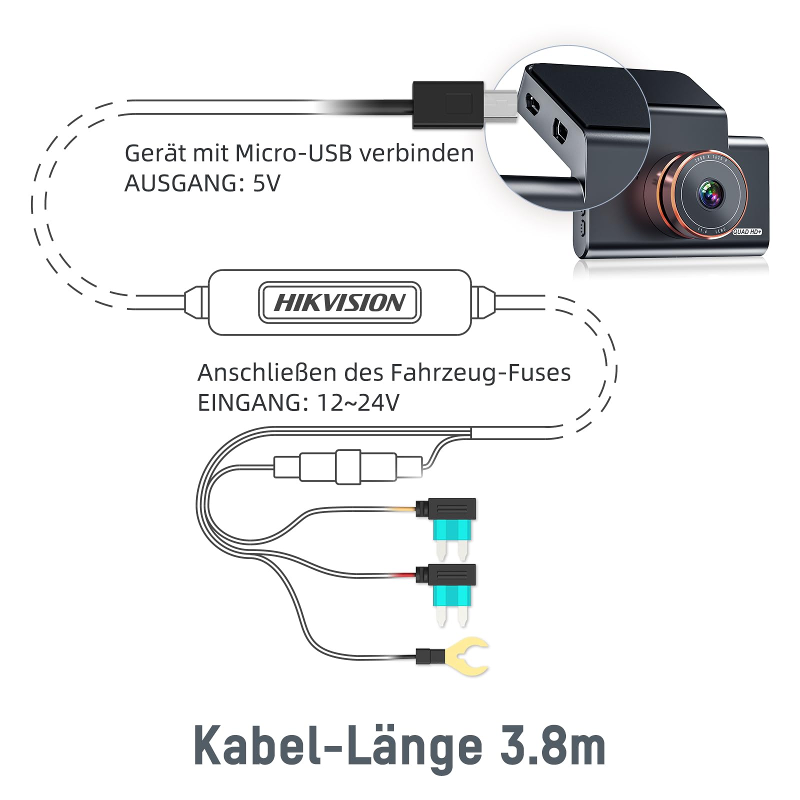 Hikvision C6PRO Buckline, Micro Hardwire-Kit, 12.5ft/3.8 Meter Auto-Ladekabel-Kabel, Parküberwachung mit Unterspannungsschutz, für Dashcam 24Std. Parkmodus