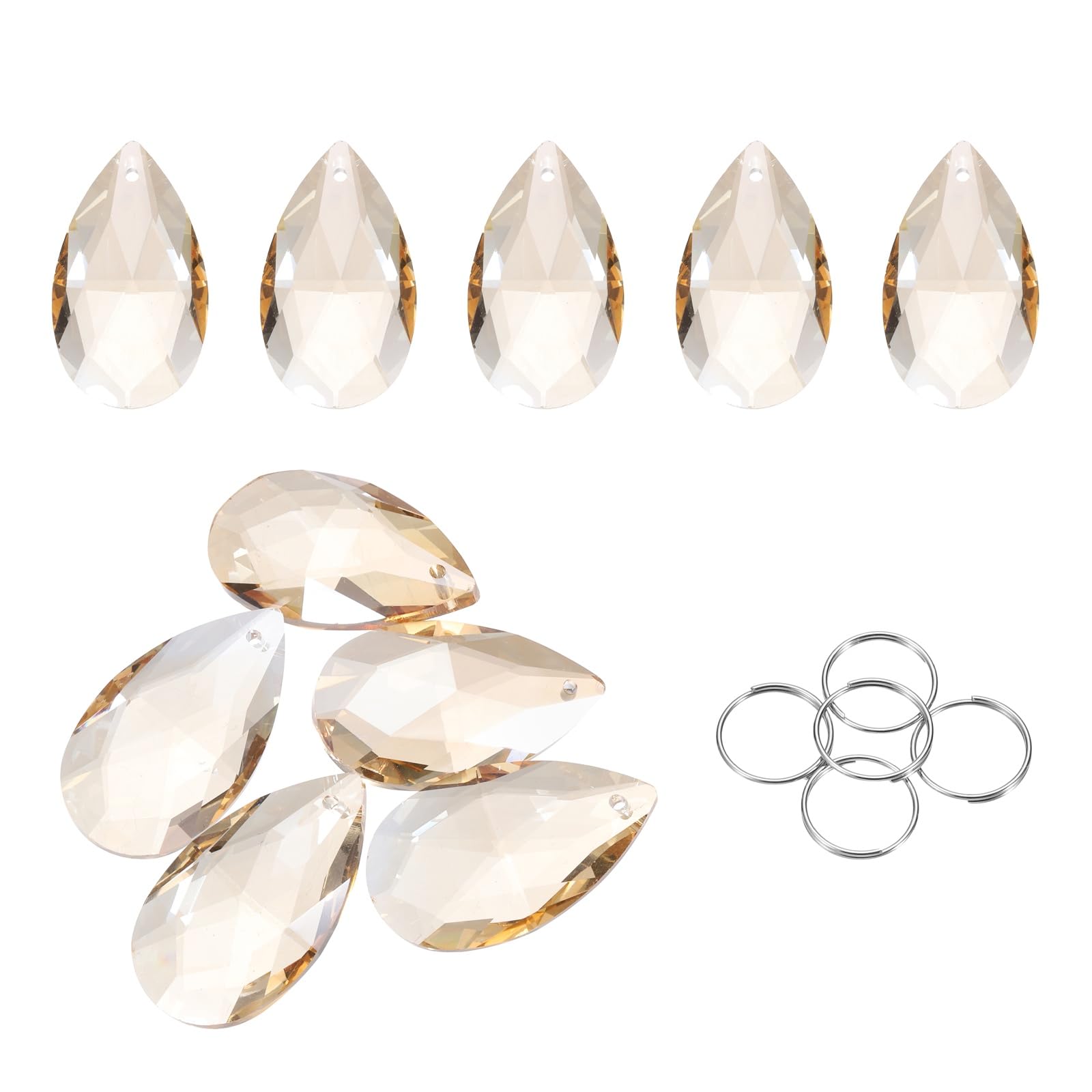 sourcing map 5Pcs Teardrop Crystal Beads, 38mm K9 Glass Hanging Chandelier Bead Prisms Part with 304 Stainless Steel Ring for Crystal Chandelier Lamp Pendant Jewelry, Champagne