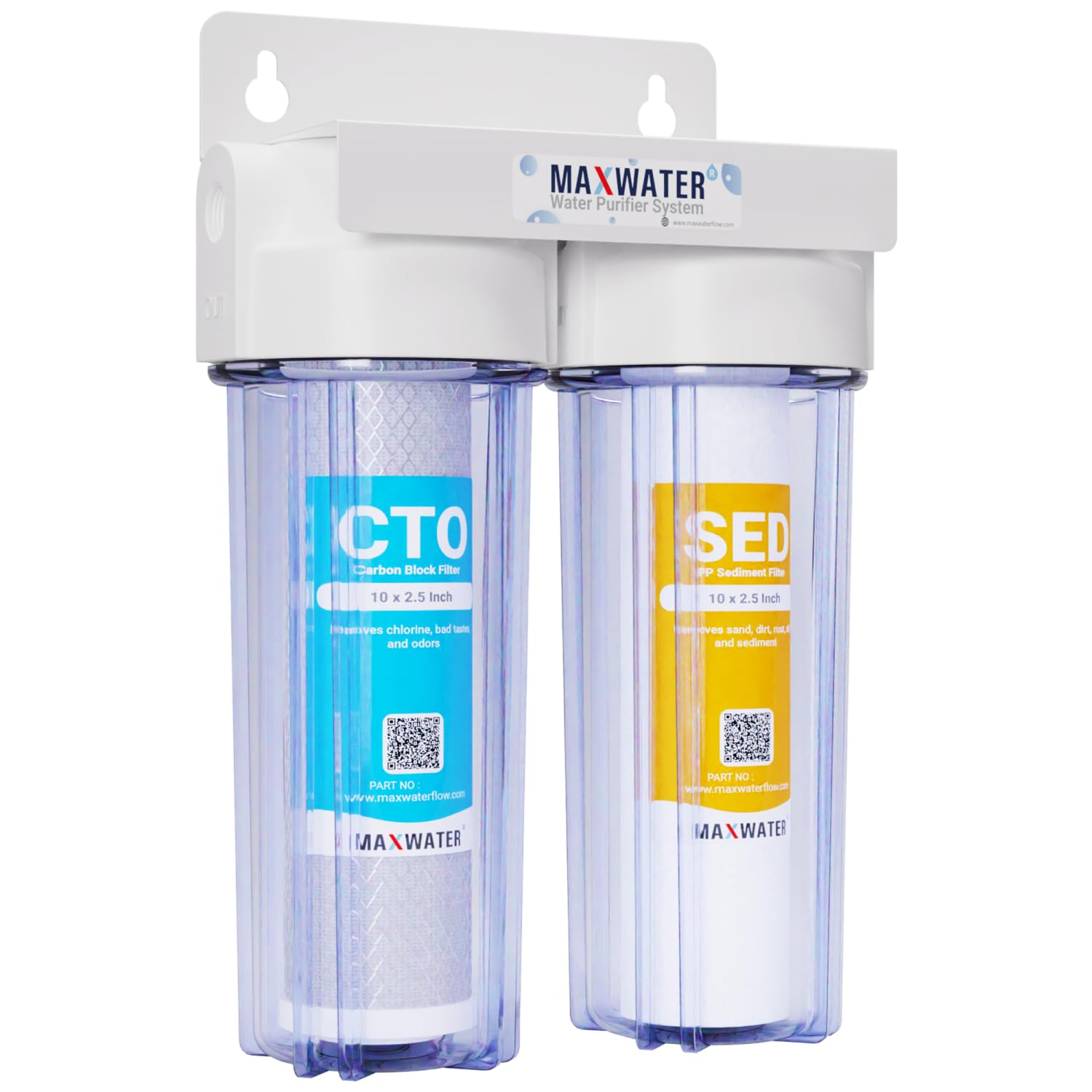 Max Water 2 Stage (Sediment, Odor & Improving Taste) Whole House 10 inch, Standard Water Filtration System - Clear Housing - Sediment + CTO - ¾ Inlet/Outlet