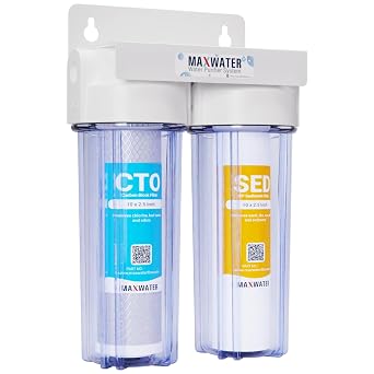 Max Water 2 Stage Sediment, Odor & Improving Taste Whole House 10 inch, Standard Water Filtration System - Clear Housing - Sediment + CTO - 34 Inlet/Outlet