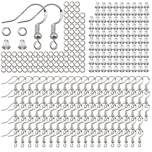 300 PCS DIY Earrings Making Supplies Kit - 925 Sterling Silver Fish Hook Earring, Open Jump Rings with Clear Silicone Earring Backs, Hypo-allergenic by VIW