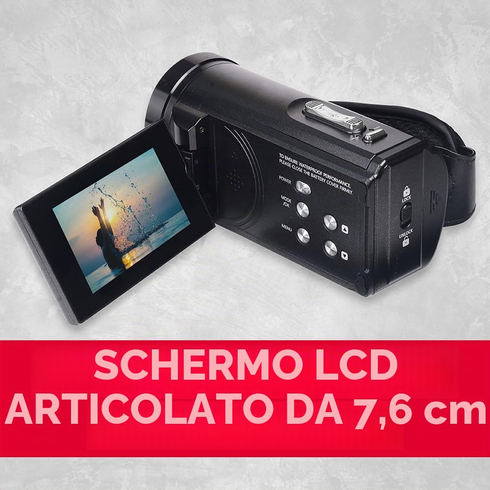Agfaphoto - Videocamera - Realimove CC4000W - 4K, Schermo LCD Articolato IPS da 3", Zoom Digitale 18X, Impermeabile fino a 5 m, Stabilizzazione Elettronica, Batteria al Litio – Nero