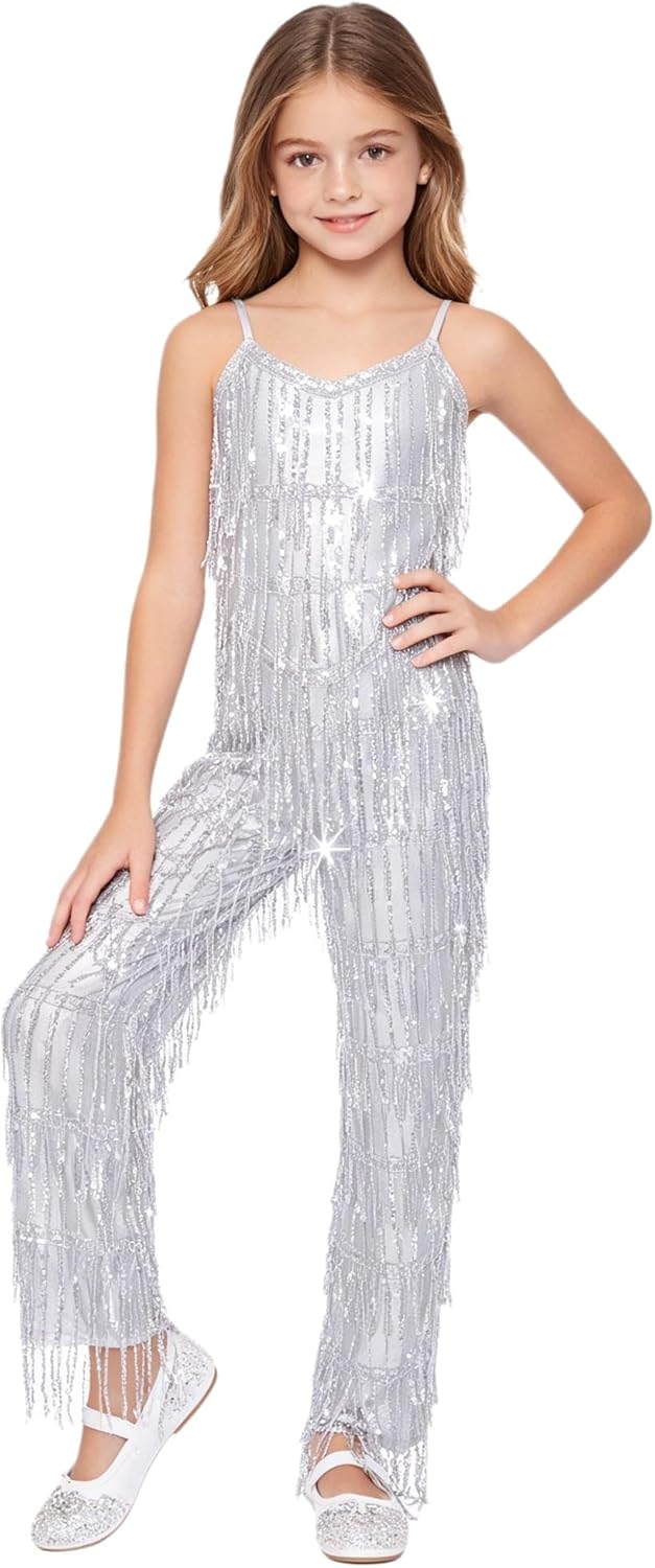 Girls Disco Shiny Metallic Jumpsuit Hippie Fringe Romper Dance Unitard for Stage Performance