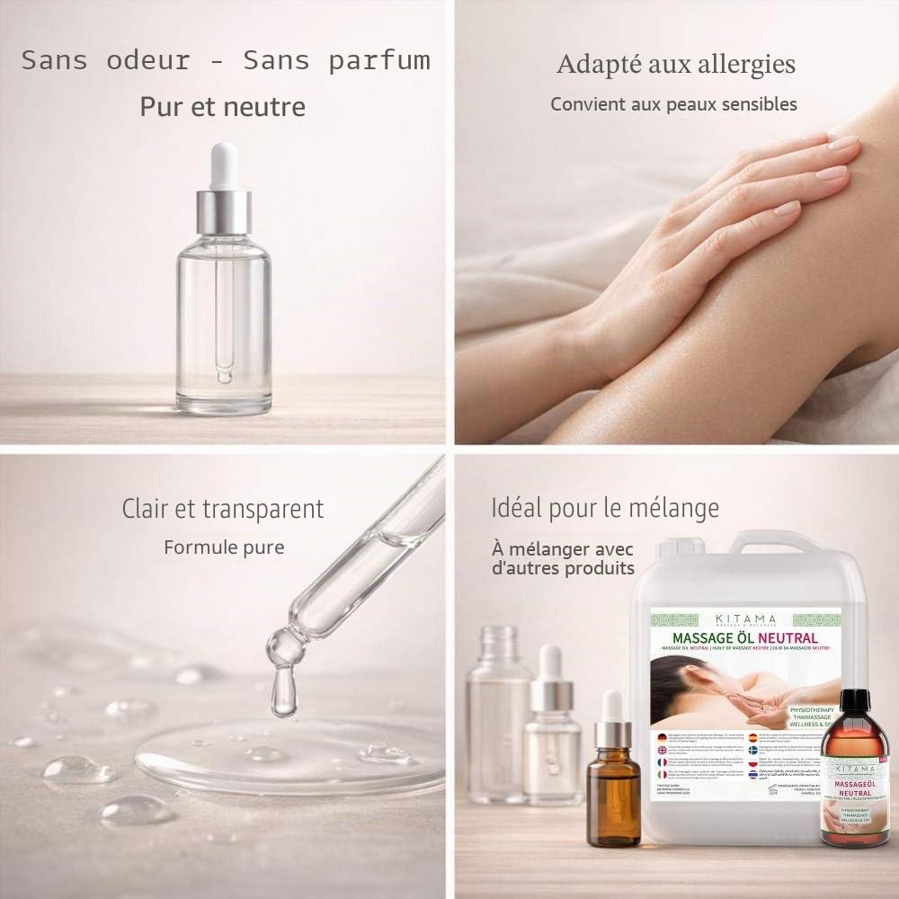 Kitama Huile de Massage Neutre 10L - Sans Parfum - Kiné, Spa & Massage Thaï | Sans parfum ni colorant, idéal pour allergiques. Pour massage thaï, kiné & spa. Glisse parfaite. Fabriqué en Allemagne.