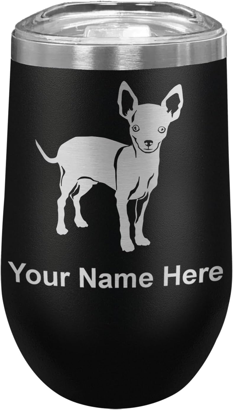 LaserGram 16oz Double Wall Stainless Steel Wine Glass Tumbler, Chihuahua Dog, Personalized Engraving Included (Black)