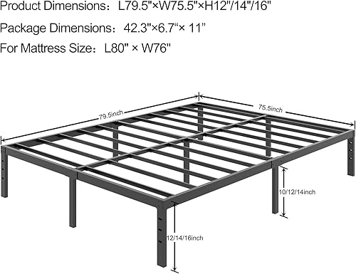 Miniatura 41 de COMASACH Base de cama de metal tamaño Queen, no necesita somier, plataforma negra sin ruido de 12 pulgadas, fácil montaje, soporte de listones de