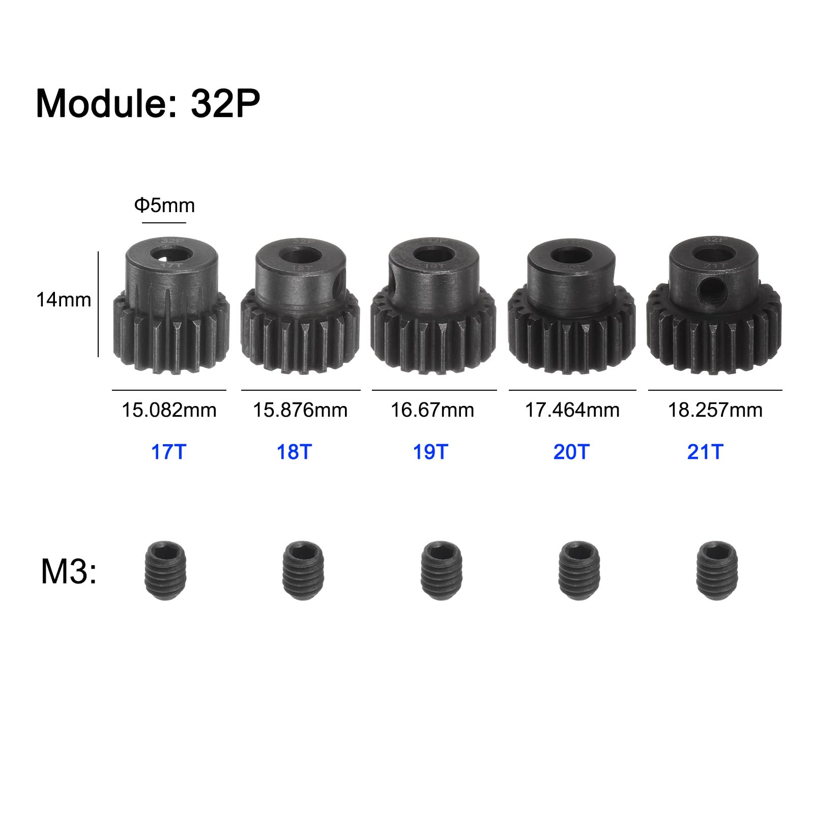 QUARKZMAN 32P Ensemble De Pignons à Engrenage Conique 5mm Arbre 17T 18T 19T 20T 21T Pignons Moteur En Acier Trempé Avec Étape Pour Voiture Rc (5 Pièces)