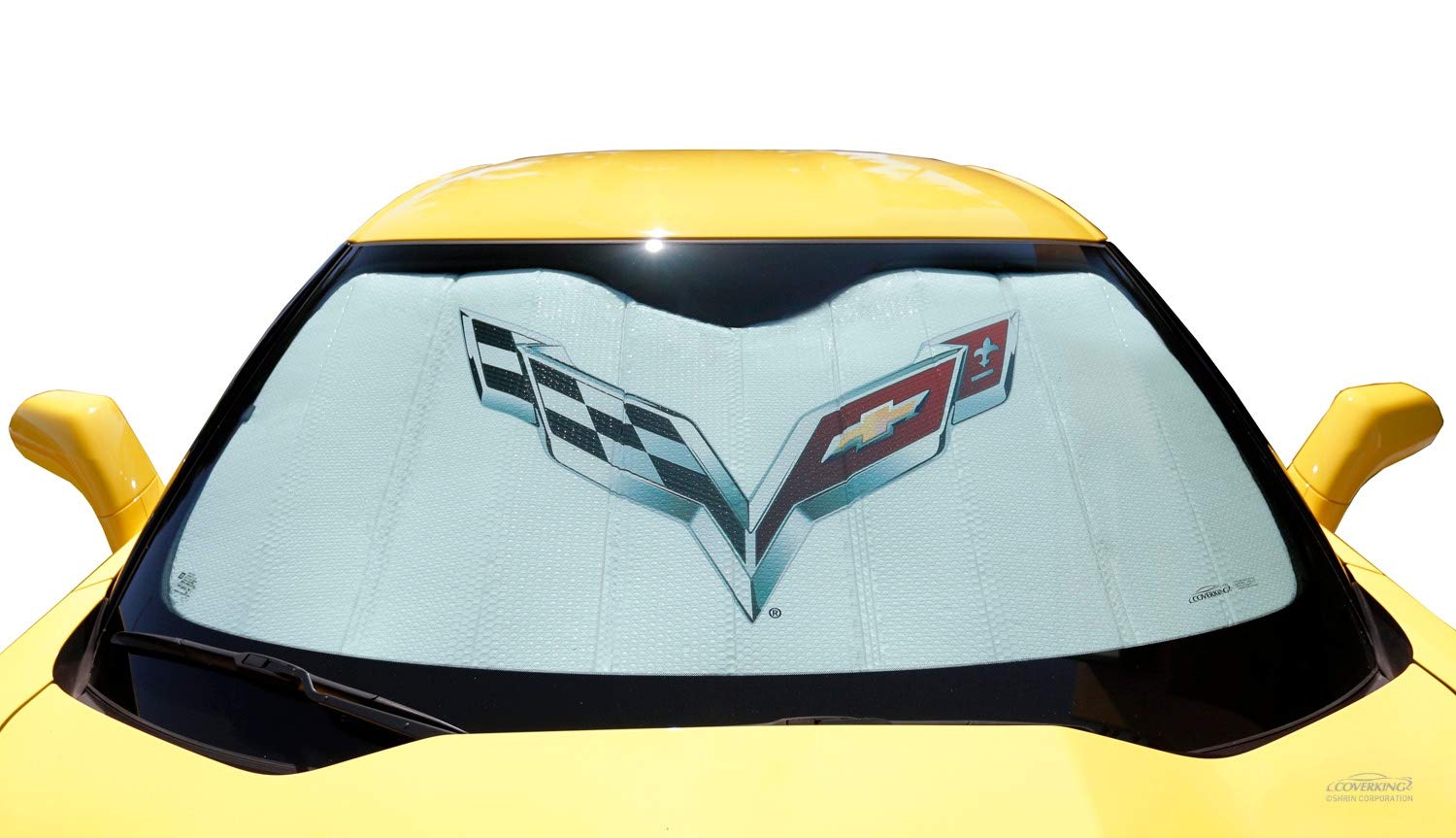 Coverking Moda - Bubble Sun Shade for C7 Corvette 2014- C7 Flags on ouside American Flag and Script 