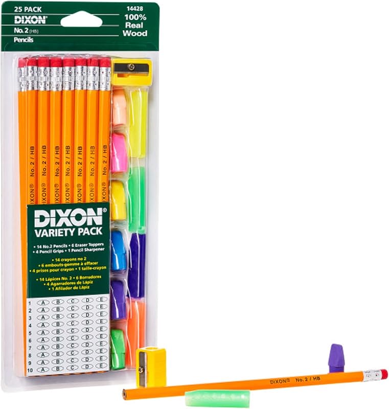 Economy Pencil Variety Pack, 14 Number 2 Soft Pencils, 6 Eraser Toppers, 4 Pencil Grips, and Sharpener (44424)