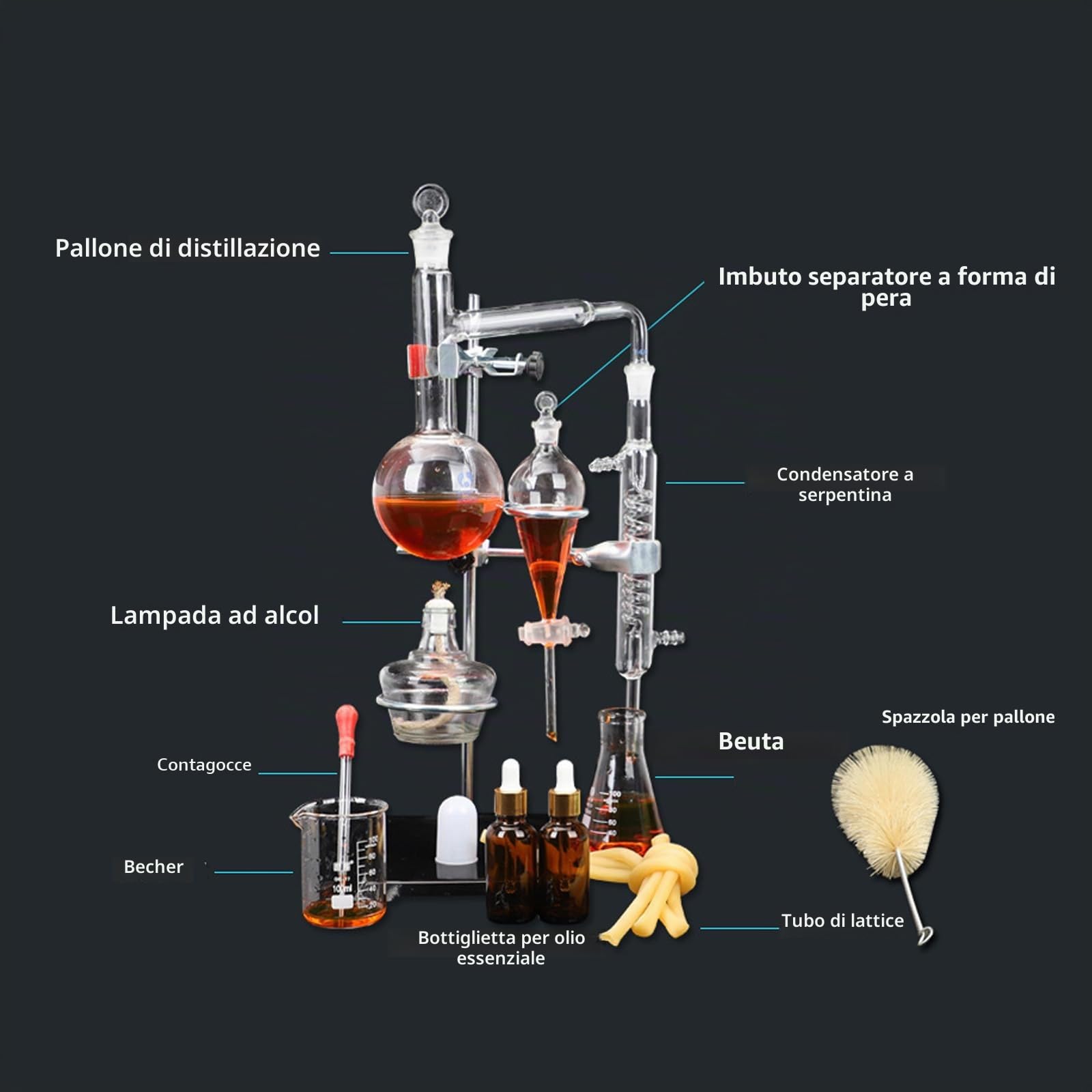 Kit per distillazione in laboratorio, apparecchio per distillazione a vapore in vetro per chimica, kit per distillatore di oli essenziali da 500 ml, attrezzatura per distillazione in vetro da