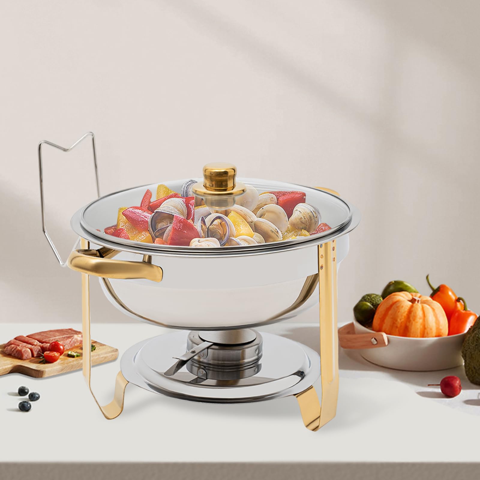 Chafing Dish, contenitore termico rotondo da 5 litri, in acciaio inox, per buffet catering gastro e feste