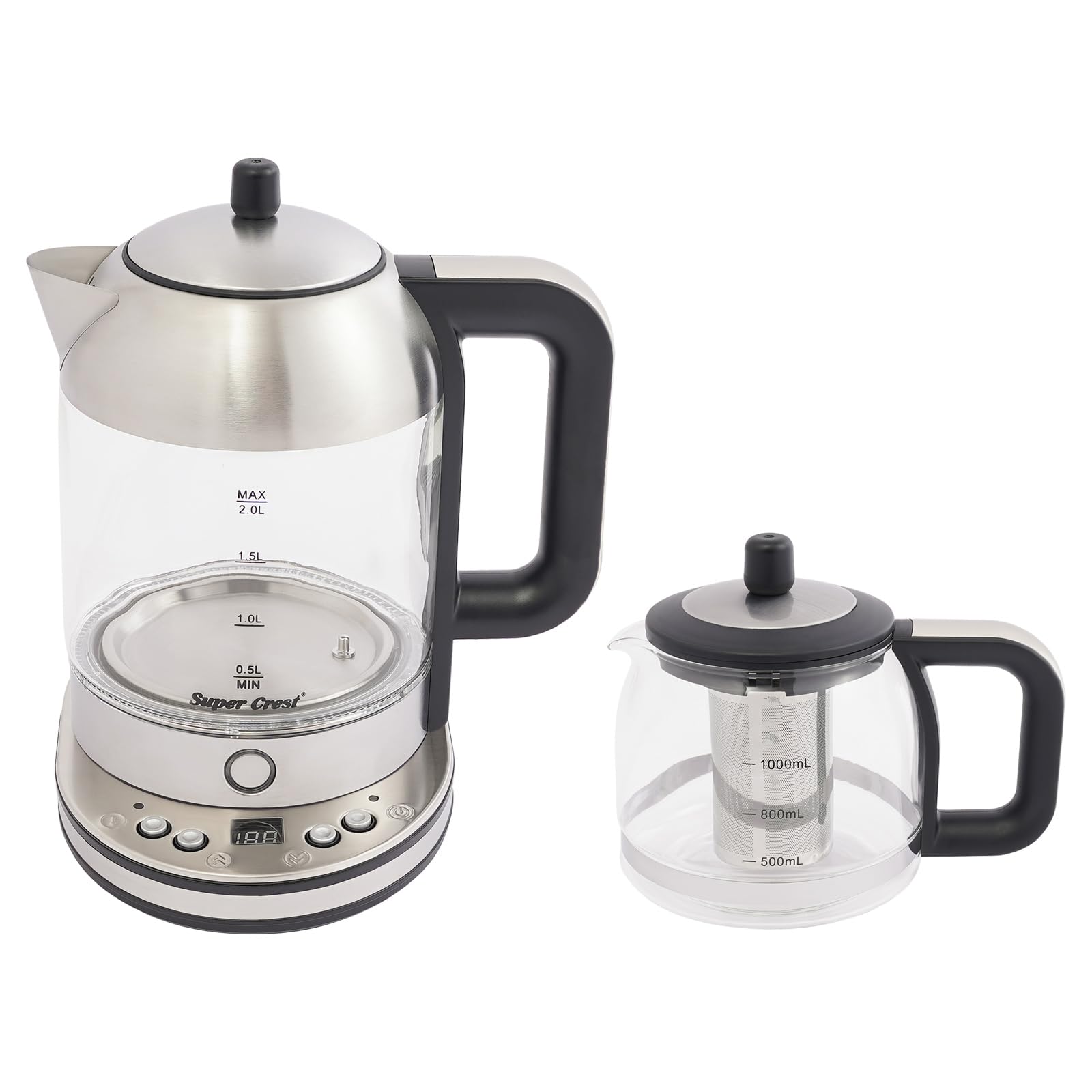 Glas Wasserkocher mit Warmhaltefunktion und Teesieb, Edelstahl Teekocher 40-100°C 2L+1L 2000W Abschaltautomatik