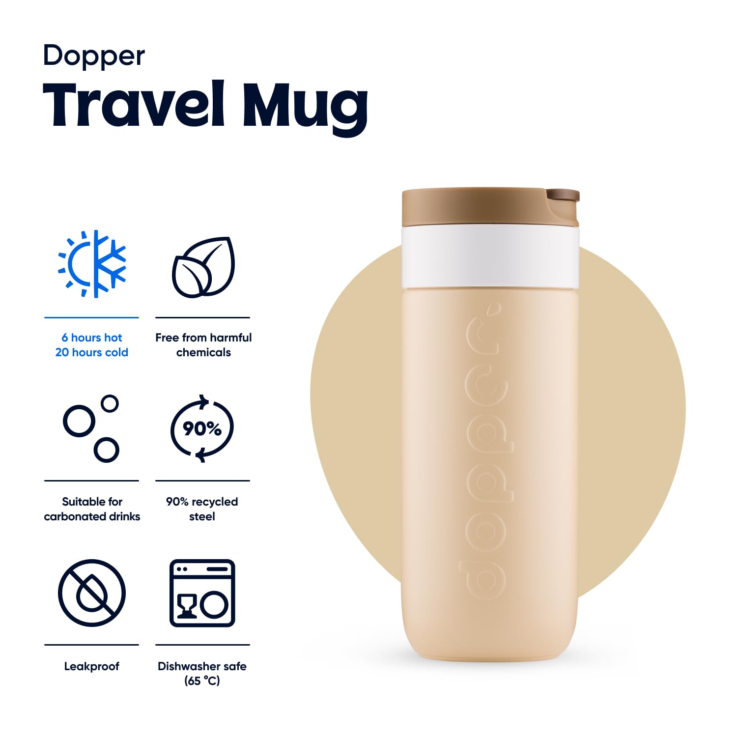 Dopper Mug de voyage isotherme - 400 ml - Marron terre - Gobelet isotherme anti-fuite pour boissons gazeuses - 6h chaud / 20h froid - 90 % acier inoxydable recyclé