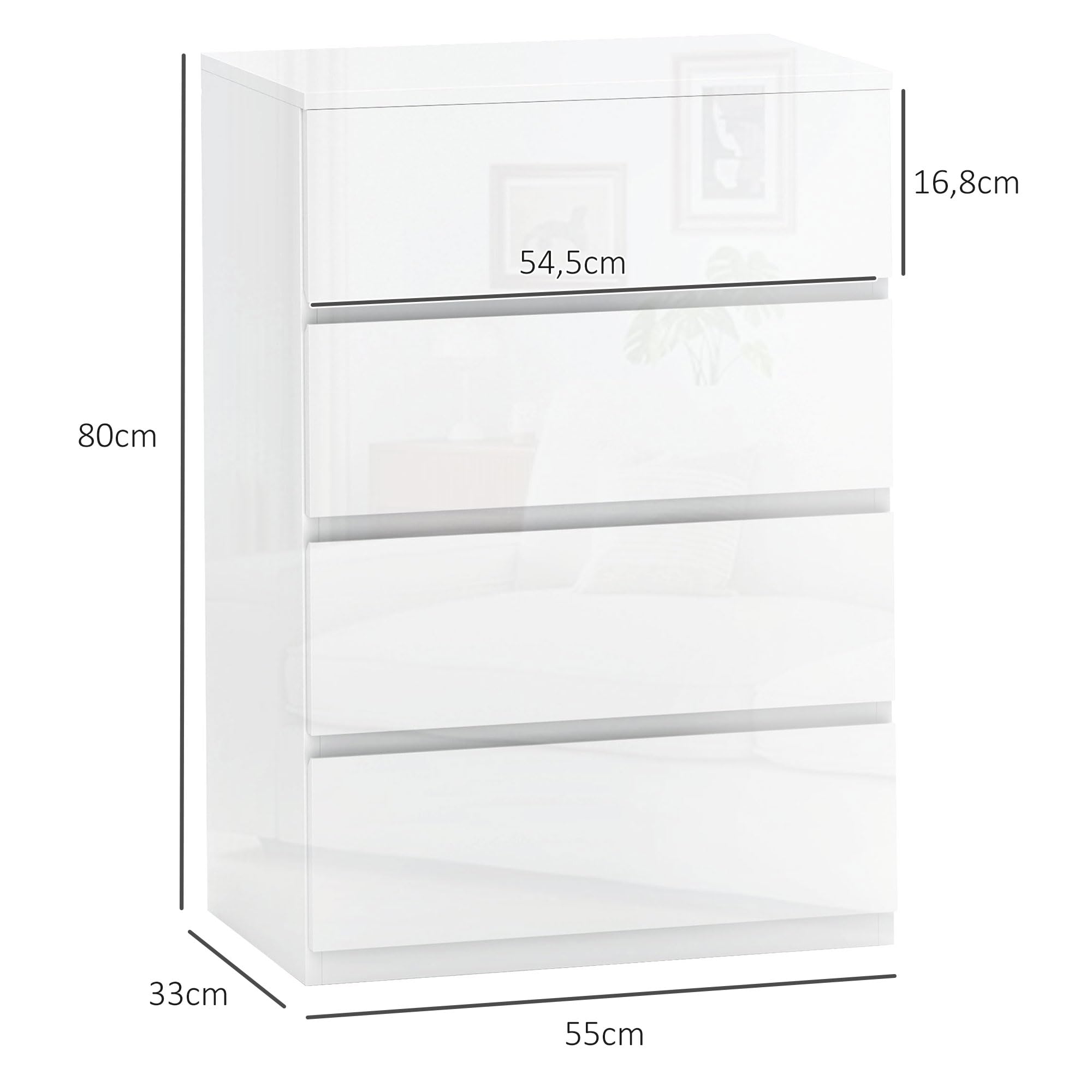 HOMCOM Cómoda con 4 Cajones Cómoda de Dormitorio Moderno con Diseño Anti-vuelco Cajonera para Salón Pasillo 55x33x80 cm Blanco Brillante