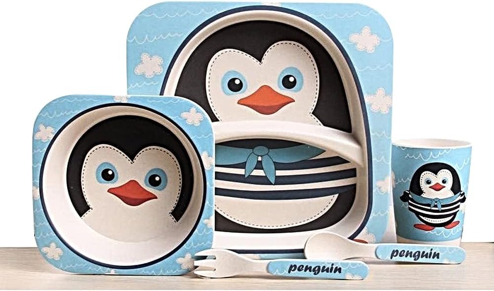 BrainGiggles Brain Giggles 5Pcs/Set Bamboo Kids Dinnerware Set, Eco Friendly Toddler Plates BPA Free Food Plate Bowl Cup Spoon Fork Set Dishware Sets (Penguin Tableware)