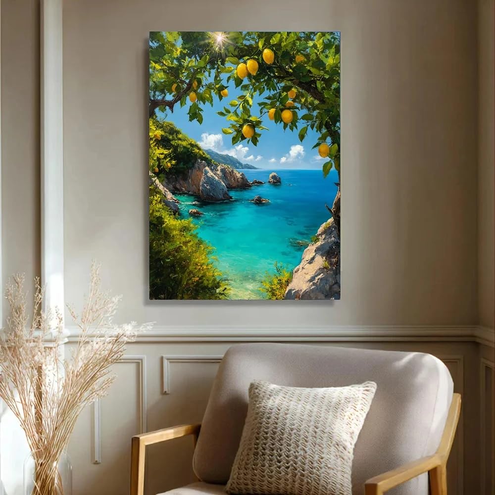 Gosrd Frameless Canvas Art Lemon Tree, Landscape Print With Sea View Coast Home Living Room Decor(50X70cm/Frameless)