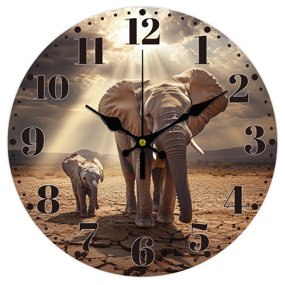 CHGCRAFT Elephant Wall Clock 12 Inch Battery Operated Clocks Wild Elephant Non Ticking Silent Wall Clock Decorative Clocks for Kitchen Living Room
