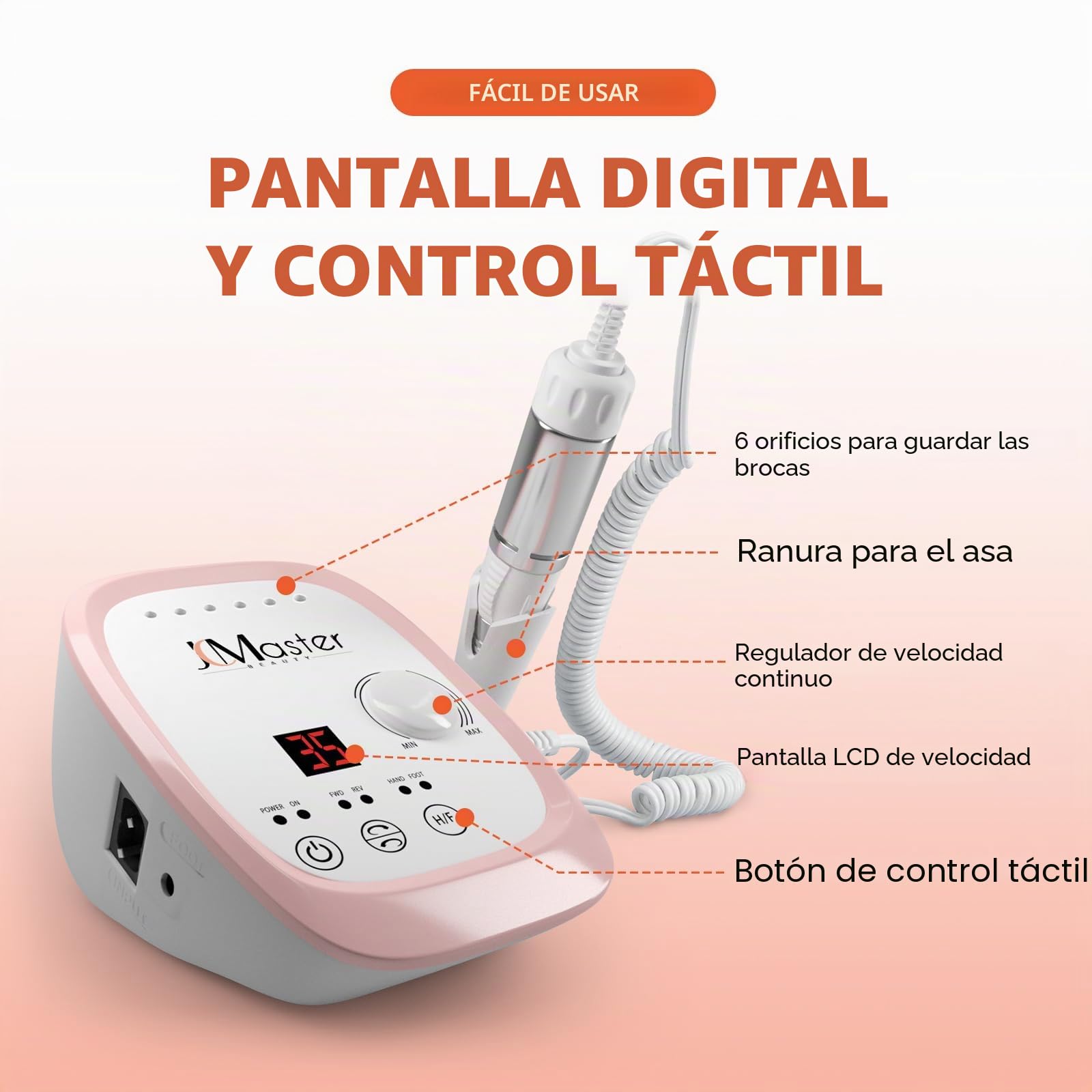 JCMASTER Torno para úñas profesional 35000 rpm lima de uñas eléctrica con pedal para geles acrílicos, cortaúñas eléctrico para estudio de esteticistas y en casa,manicura incl seis puntas, Rosa