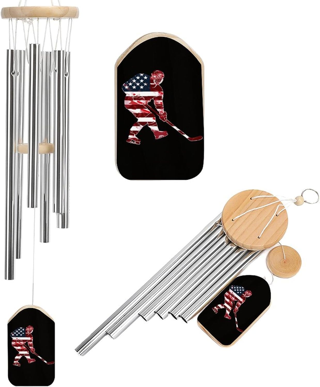 Hockey Player with U.S. Flag Wooden Wind Chimes Deep Tone Memorial Windchime for Outside Garden Home Decoration