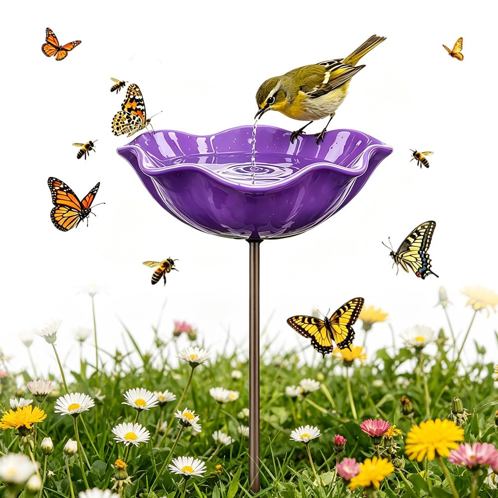Bird Feeder Stand,Bird Tables for the Garden,Bird Feeding Station,Metal Bird Bath,Garden Decor,Vintage Freestanding Birdbaths & Supports for Outdoors Garden Patio Yard Lawn Decor (Purple)