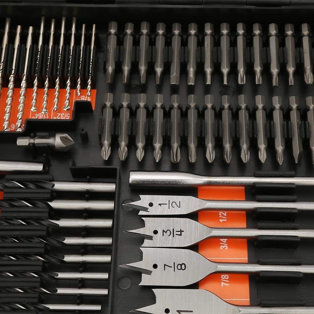 Juego de 246 machos de roscar combinados, brocas y destornilladores con caja de plástico negro para taladros de madera, metal, cemento y tornillos en una caja de plástico