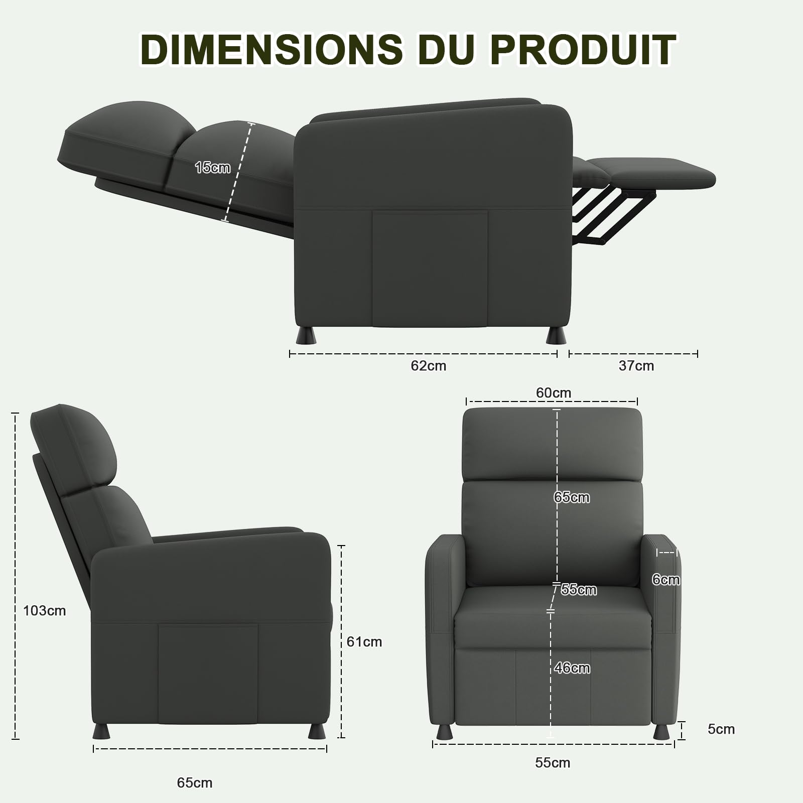 JUMMICO Silla reclinable eléctrica - Sillón reclinable con Respaldo y reposapiés Ajustables, Comodidad Acolchada, Bolsillo Lateral, sofá Individual para Sala de Estar, Dormitorio, Oficina en casa