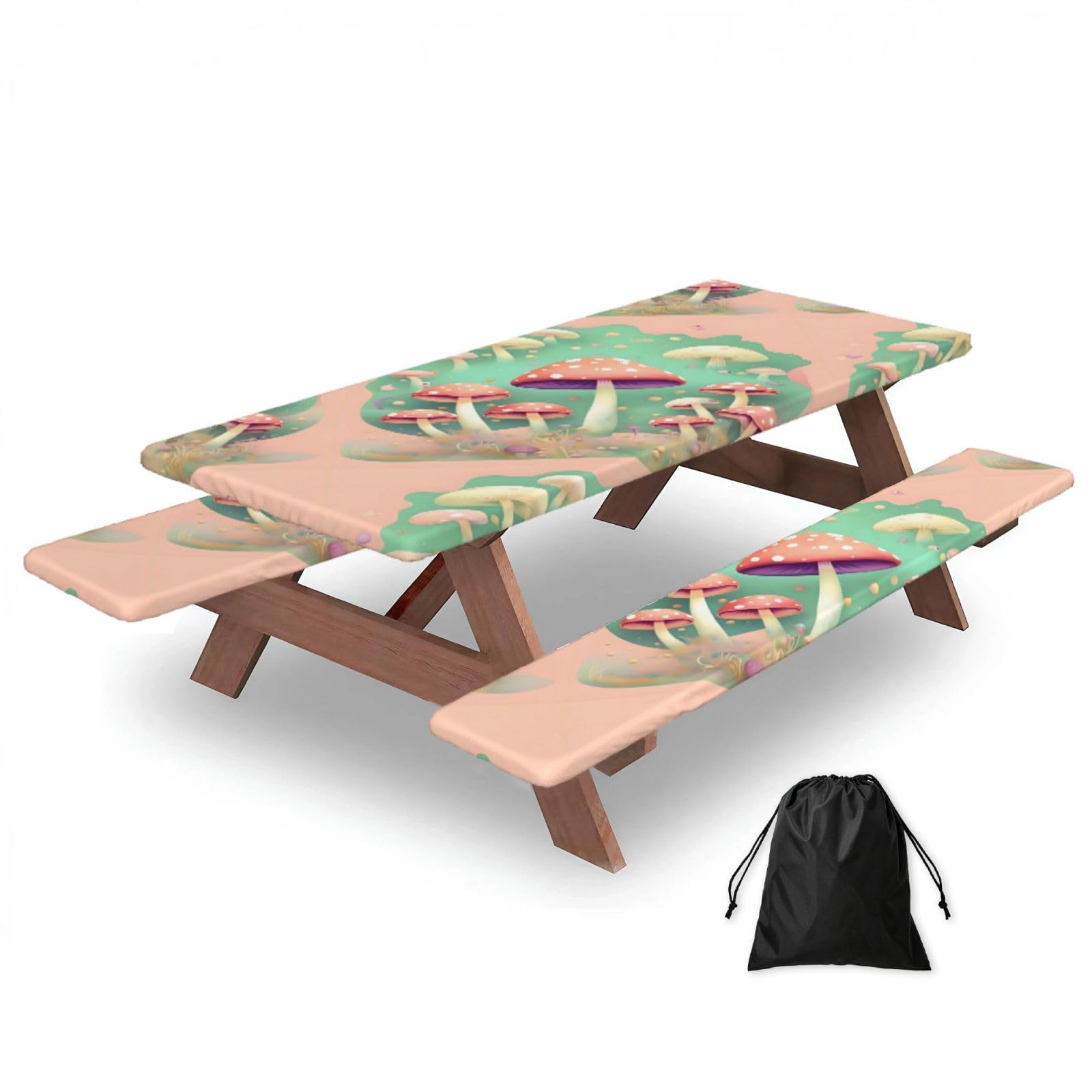 Erwqavc Black Dream Mushroom Print Picnic Table Cover & Bench Covers 3-Pack Set, Elastic Tablecloths For 6 Ft Rectangle Tables
