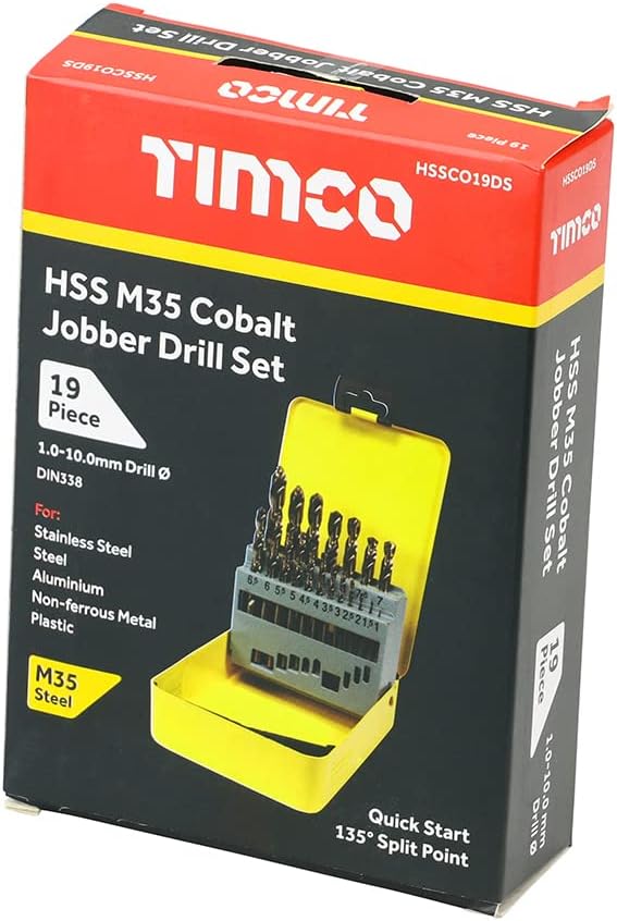 TIMco HSSCO19DS Cobalt Coated HSS-G Bit Set Includes Sizes 1-10 mm - 19 Pcs