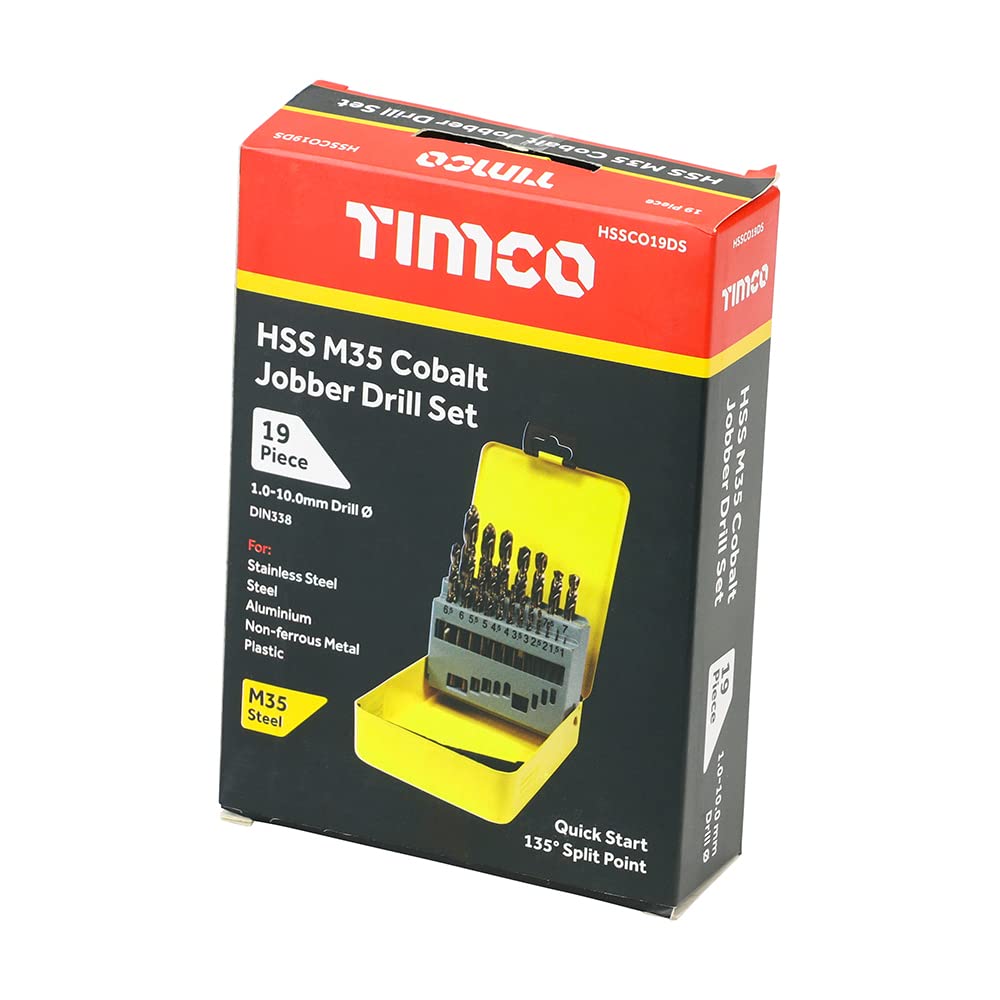 TIMco HSSCO19DS zestaw bitów z powłoką kobaltową HSS-G zawiera rozmiary 1-10 mm - 19 szt.