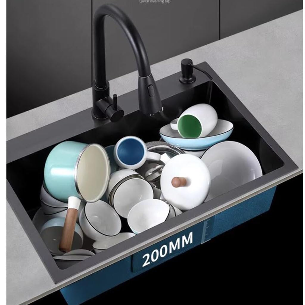Lavello da cucina a vasca singola in acciaio inox, lavello da cucina sottopiano e sopra il bancone, lavabo a sifone con rubinetto estraibile, in acciaio nero, 60 x 45 cm