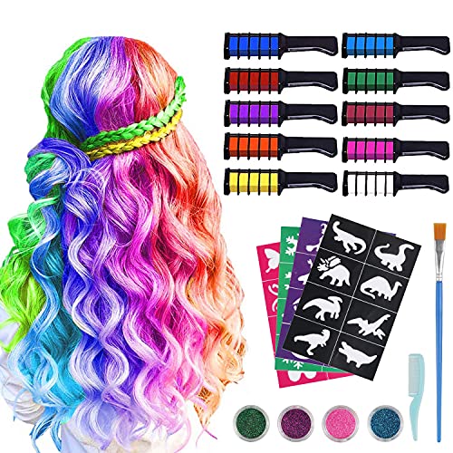 New Hair Chalk Comb Temporary Bright Hair Color Dye for Girls Kids-20Pcs Fun Washable Hair Chalk for Girls, Glitter Tattoo Set & 10 Colors Comb for Girl Age 4 5 6 7 8 9 10 Birthday Party Cosplay DIY St.partick Day, Easter, Children's Day