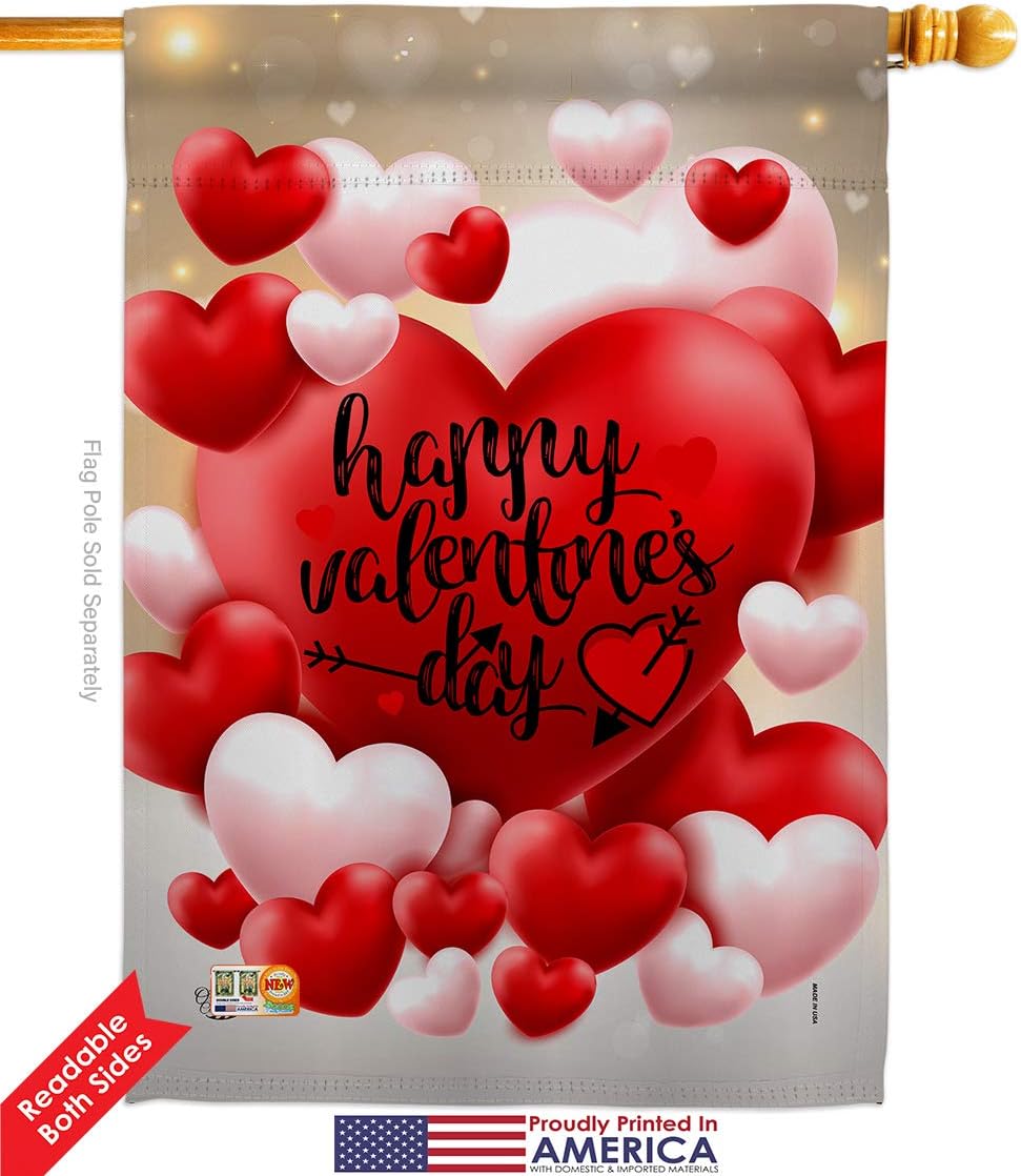 Pop Hearts Valentines Day House Flag Springtime Valentine Happy Heart Couple Romantic February Holiday Love Small Decorative Gift Yard Banner Double-Sided Made In USA 28 X 40
