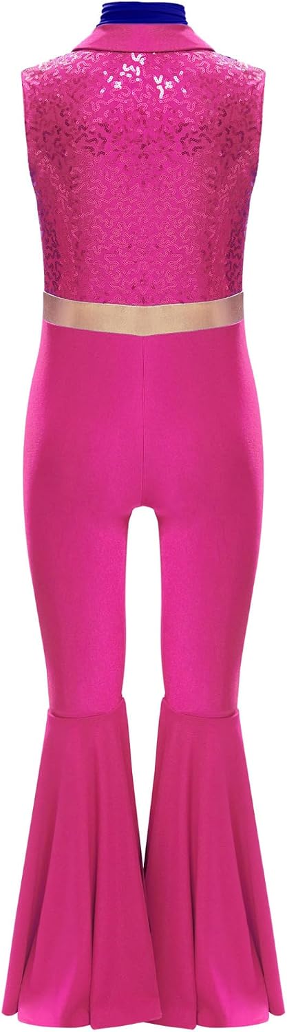 Kids Girls Sequin Bell Bottom Jumpsuit Disco Jazz Dance Outfit Full Body Gymnastics Unitard with Scarf
