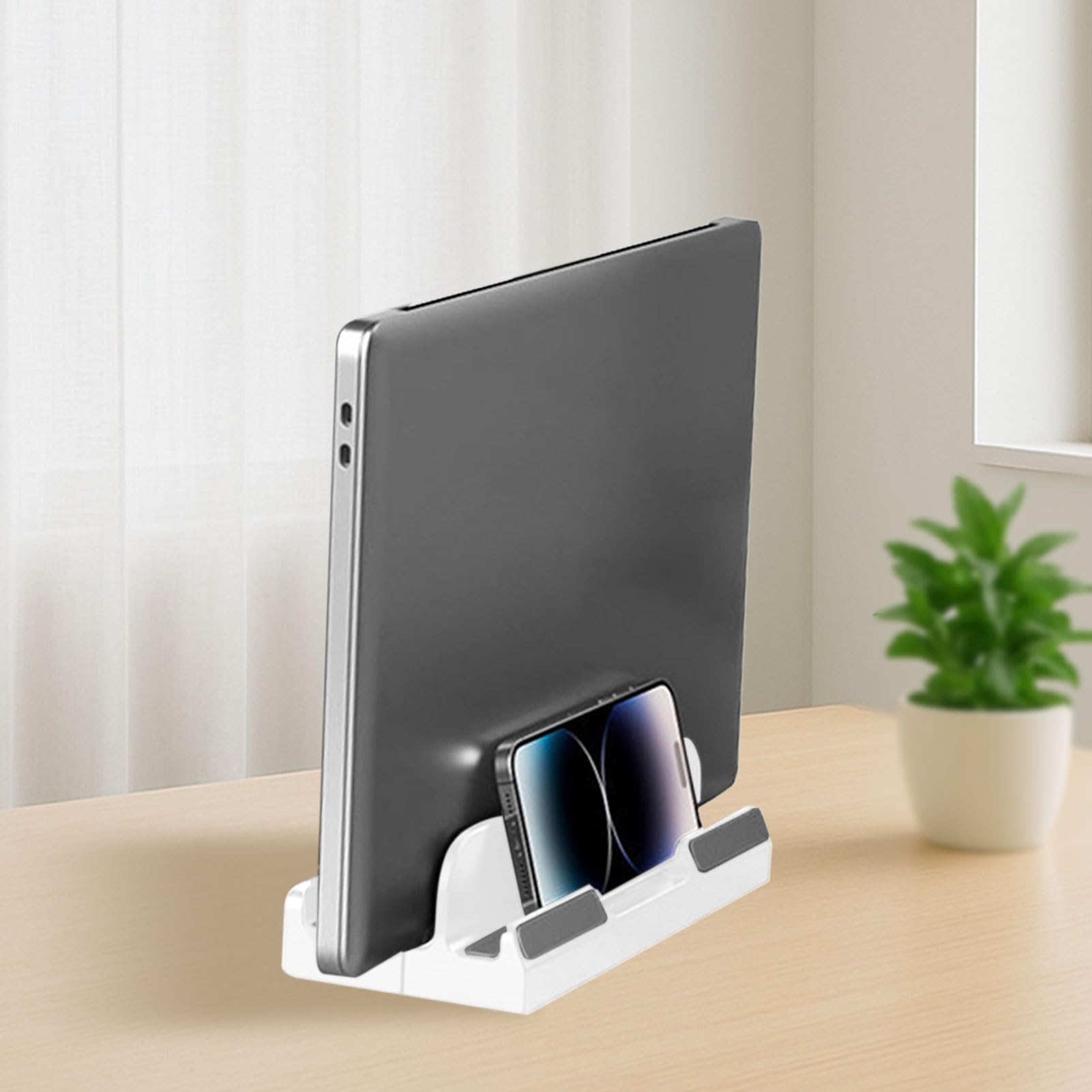 Adjustable Vertical Laptop Stand - Space-Saving Plastic Desktop Organizer for Notebooks Tablets White