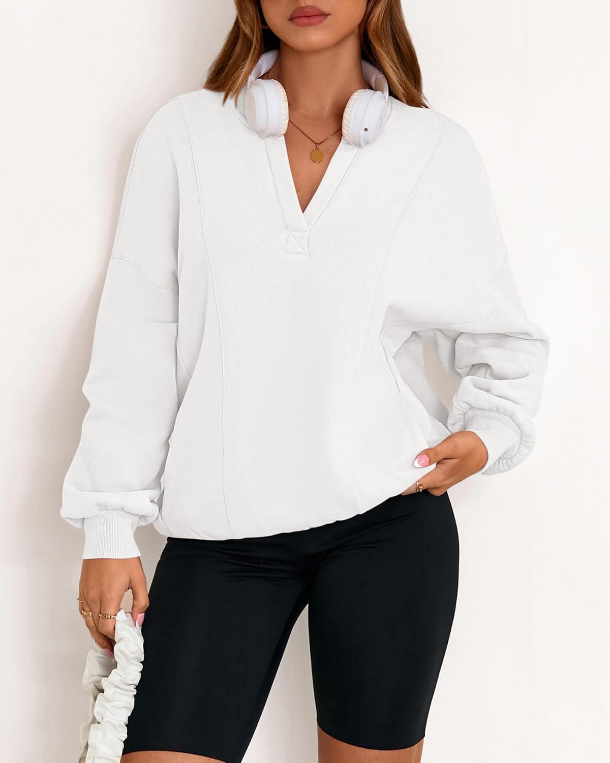 dowerme Oversized Sweatshirt for Women Casual Long Sleeve V Neck Comfy Fleece Pullover Tops Pockets Fall Outfits 2025 - Image 8